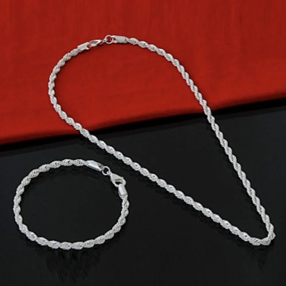 STERLING SILVER ROPE CHAIN NECKLACE  BRACELET SET UNISEX - Picture 2 of 6